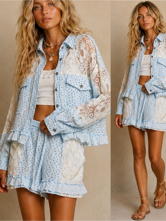 POL Jackets & Blazers - POL “ Coastal Keepsake Set “ | Crochet Patchwork Boho Lounge Set | Sky Blue